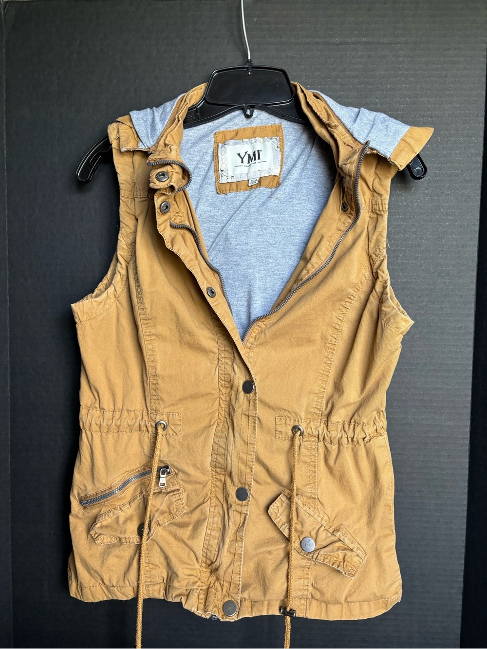 YMI Women's Tan Hooded Utility Vest with Gray Lined Hood